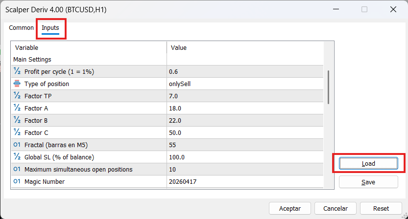 EA Inputs tab and Load button